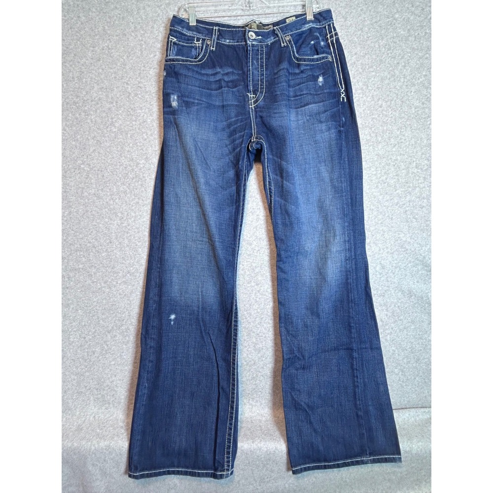 BKE Tyler Bootcut Jeans Men 34x34 Blue Button Fly Distressed Contrast Stitch Y2K